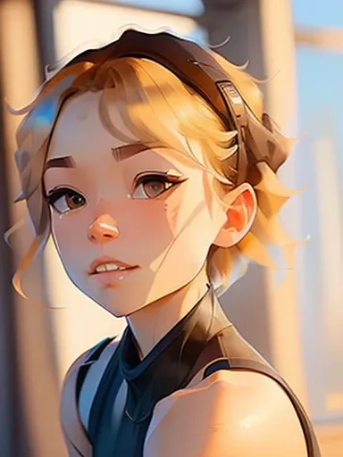 best quality, 1girl, (dakotaskye:1.0), blue eyes, pixie cut, (small breasts), blush, SamDoesArt1