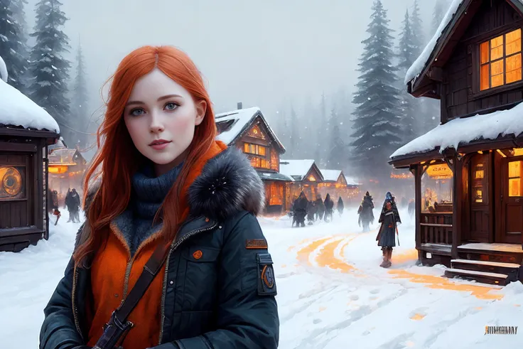 Jia Lissa, freckles, blue eyes, big eyes, long straight (orange red) hair, (cheeky smile), team with husky on background
winter village, heavy winter clothes, boots, detailed CG unity wallpaper, professional majestic oil painting by Ed Blinkey, Atey Ghailan, Studio Ghibli, by Jeremy Mann, Greg Manchess, Antonio Moro, trending on ArtStation, trending on CGSociety, Intricate, High Detail, Sharp focus, dramatic, photorealistic painting art by greg rutkowski,