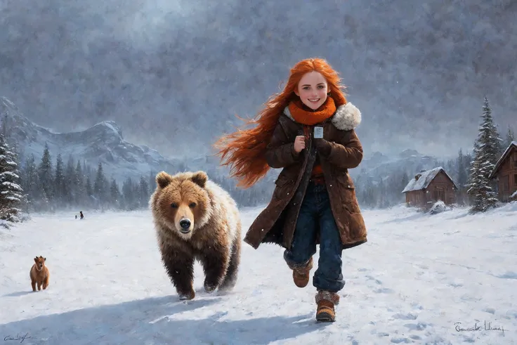 girl running away from the grizzly, freckles, blue eyes, big eyes, long straight (orange red) hair, (cheeky smile),
winter village, heavy winter clothes, white fur collar, detailed CG unity wallpaper, professional majestic oil painting by Ed Blinkey, Greg Manchess, Antonio Moro, trending on ArtStation, trending on CGSociety, Intricate, High Detail, Sharp focus, dramatic, photorealistic painting art by greg rutkowski,