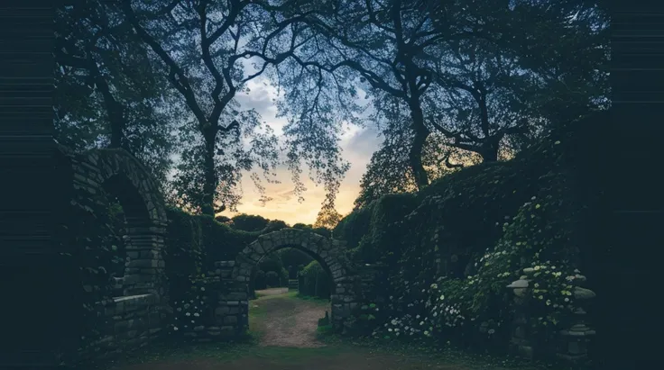 Stone ancient arch, outside garden with vines and ivy growing up the arch, beautiful roses, flowers, serene, lush greenery, beautiful, highly detailed, sunny day, muted tones, soft lighting, 8k post-processing, depth