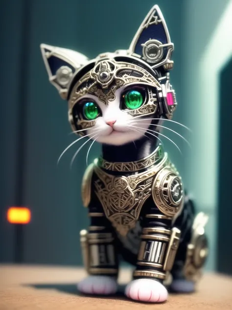 a cute kitten made out of metal, cyborg, cyberpunk style, ((intricate details)), hdr, ((intricate details, hyperdetailed)), cinematic shot, vignette