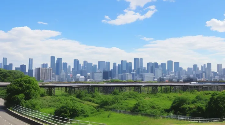 blue_sky, bridge, building, chain-link_fence, city, cityscape, cloud, day, fence, field, house, mountain, no_humans, outdoors, real_world_location, river, road, ruins, scenery, sky, skyline, skyscraper, tokyo_\(city\), tree