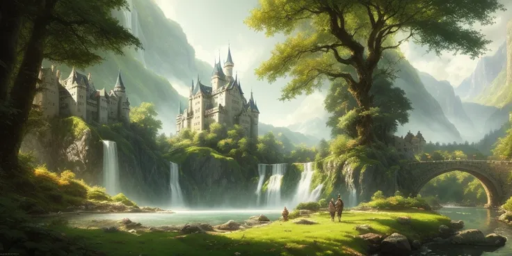 A beautiful castle beside a waterfall in the woods, by Josef Thoma, matte painting, trending on artstation HQ, sharp focus, illustration, volumetric lighting, epic Composition, 8k, art by Akihiko Yoshida and Greg Rutkowski and Craig Mullins, oil painting, cgsociety