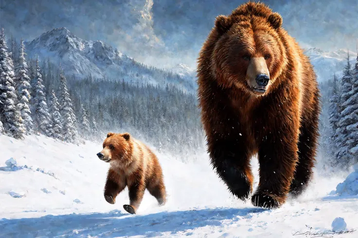 (((Jia Lissa running away from the ferocious grizzly))), freckles, blue eyes, big eyes, long straight (orange red) hair, (cheeky smile),
winter village, heavy winter clothes, white fur collar, detailed CG unity wallpaper, professional majestic oil painting by Ed Blinkey, Greg Manchess, Antonio Moro, trending on ArtStation, trending on CGSociety, Intricate, High Detail, Sharp focus, dramatic, photorealistic painting art by greg rutkowski,