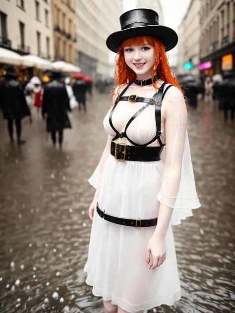 Ginger girl, breast size 3, Caucasian, medieval fully transparent white dress with plunging neckline, little black bowler hat, leather harness, (((wet))), smiling, rain, people in the background, street, city, (((wild angle))), solo