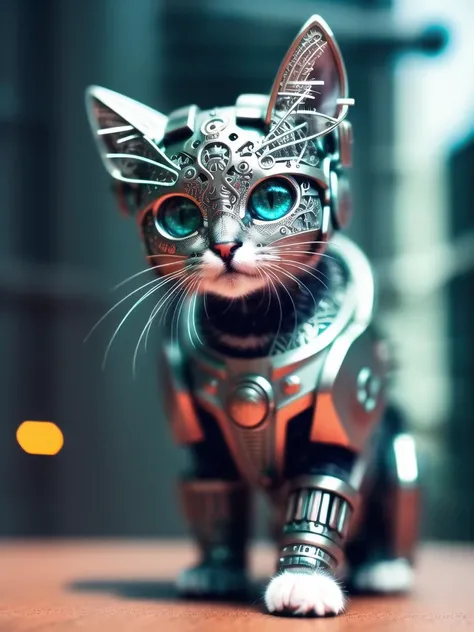 a cute kitten made out of metal, cyborg, cyberpunk style, ((intricate details)), hdr, ((intricate details, hyperdetailed)), cinematic shot, vignette