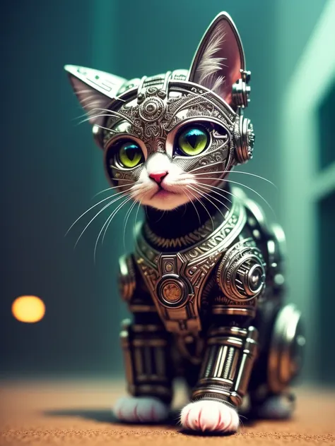 a cute kitten made out of metal, cyborg, cyberpunk style, ((intricate details)), hdr, ((intricate details, hyperdetailed)), cinematic shot, vignette