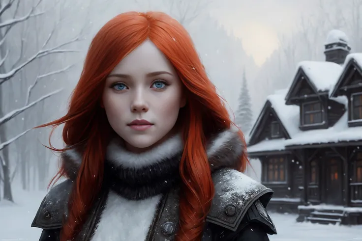 Jia Lissa, freckles, blue eyes, big eyes, long straight (orange red) hair, (cheeky smile), ((team with Siberian husky on background))
winter village, heavy winter clothes, white fur collar, detailed CG unity wallpaper, creepy, blizzard, professional majestic oil painting by Ed Blinkey, Atey Ghailan, Studio Ghibli, by Jeremy Mann, Greg Manchess, Antonio Moro, trending on ArtStation, trending on CGSociety, Intricate, High Detail, Sharp focus, dramatic, photorealistic painting art by greg rutkowski,