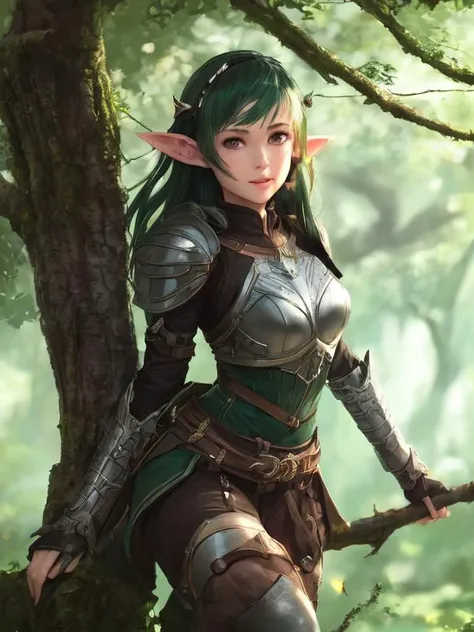photorealistic photo of a beautiful young elf girl with small ears, leather armor with silver trim, short darkgreen hair, green eyes, pink lips, smiling with mouth open, fully clothed, perfect face, petite , artstation hd, detailed face and body, award-winning photography, margins, detailed face, detailed hands, looking at the viewer, forest background, (((action pose))), (sits on tree branch), intricate, elegant, art of wlop, hold bow in hand, digital photography, is style of art by wlop, apic fantasy art, broken glass, (in full growth)