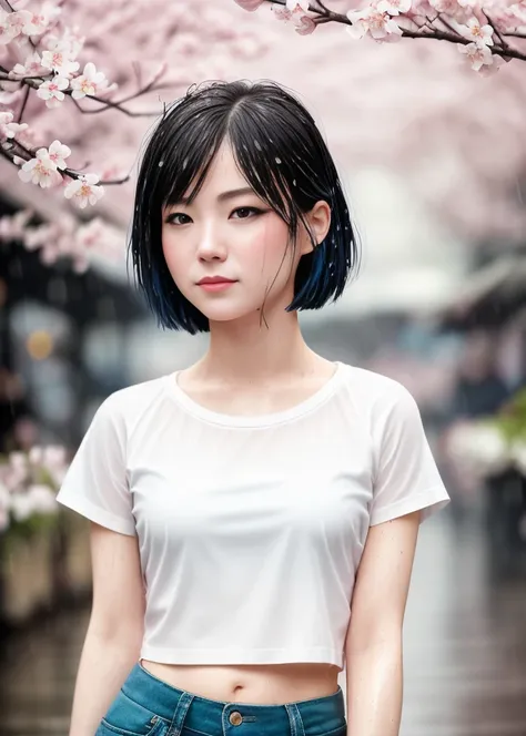 close-up portrait of a beautiful young woman, wet, raining, white crew cut baby tee with blue bra underneath, bustling marketplace, 4k, 8k, bokeh, canon, smile, midriff, jasmine, (detailed skin), fantasy, anime, photoshoot, cherry blossoms, cat eye shadow