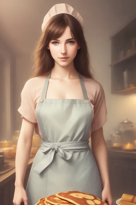 naked woman, (in an apron:1.2), pancakes, (a pile of pancakes:1.2), (kitchen interior:1.2), bright light from behind, carving, ilumination, fantasy, intricate, elegant, highly detailed, lifelike, photorealistic, digital painting, artstation, illustration, concept art, smooth, sharp focus, art by Brian Froud and James Jean and Artem Demura and Krenz Cushart, [[[[chest]]]], [[[[neck]]]], [[[[shoulders]]]], perfect eyes, perfect iris, perfect lips, perfect teeth, perfect skin, soft front light, glow, HDR, (muted colors:1.2)