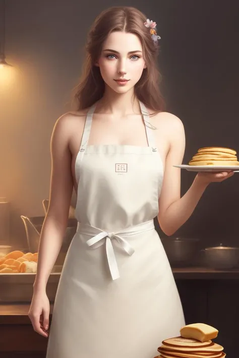 naked woman, (in an apron:1.2), pancakes, (a pile of pancakes:1.2), (kitchen interior:1.2), bright light from behind, carving, ilumination, fantasy, intricate, elegant, highly detailed, lifelike, photorealistic, digital painting, artstation, illustration, concept art, smooth, sharp focus, art by Brian Froud and James Jean and Artem Demura and Krenz Cushart, [[[[chest]]]], [[[[neck]]]], [[[[shoulders]]]], perfect eyes, perfect iris, perfect lips, perfect teeth, perfect skin, soft front light, glow, HDR, (muted colors:1.2)