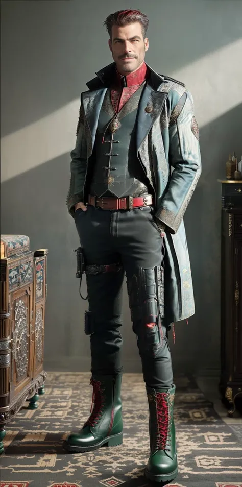 portrait of a (middle aged:1.1) rugged, good looking, futurist cyberpunk thief trader wealthy, (smirking:1.5), looking at camera, fit, toned, muscled, relaxed pose, wearing ((washed out green grey:1.1) and (washed out red:1.1) technological ornate (high quality futurist scifi suit:1.2)), (heavy big soles combat boots:1.5), ((short:1.1) intricate jacket, closed, high red collar), long sleeves
short black hair, (intricate short black beard, goatee cut:1.1),
(holster on chest with futurist scifi lasergun), full body shot,
indoor, (nice place:1.5), (wealthy study:1.5), amazing desk, computer, wealthy, rich, ornate, intricate, rare wood, (ornate oriental carpet:1.5), high quality furniture, old spice
masterpiece, intricate, hyper realistic, many details
