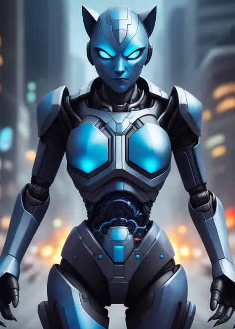 close-up portrait of half-robot woman with blue skin, full body walking, bustling alien city, bokeh, canon, detailed skin, power armor, cat ears, cat eyes, three fingers, white chestplate, short hair, out for blood, 4k, claws, sultry
