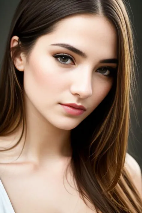 RAW, analog style, A stunning close-up portrait of a young, beautiful woman with striking features. She should have long, flowing hair, a captivating gaze, and an alluring expression. The background should be neutral and simple, allowing the woman to be image's focal point. Please pay attention to the details, such as the highlights and shadows on her face and hair, to create a lifelike and realistic image. Experiment with different lighting techniques to enhance the mood and atmosphere of the portrait. The final product should be a masterpiece that capture the essence and beauty of the woman, ((highly detailed skin, skin details)), sharp focus, volumetric fog, 8K, UHD, DSLR, high quality, film grain, Fujifilm XT3