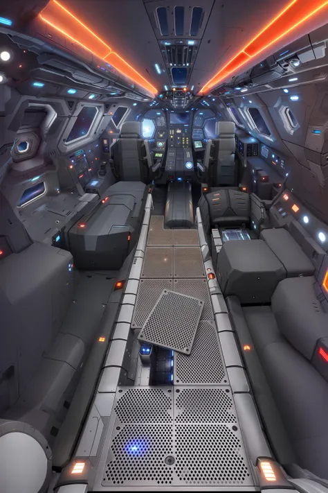 A photo of the interior of a futurist scifi small cargo spaceship, (rugged cargo hold:1.2), straps, crates, cockpit at the back, windshield,Highly Detailed