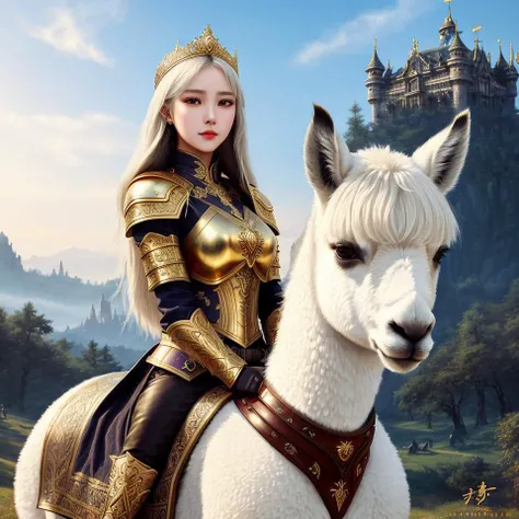 beautiful girl, small ears, leather armor with gold trim, heavily ornate gold plate, (platinum silver long hair), pink lips, fully clothed,  artstation hd, award-winning photography, margins, (perfect beauty face), detailed hands, looking at the viewer,  castle forest background, elegant, art of wlop, (riding an alpaca:1.1), digital photography,  is style of art by wlop, apic fantasy art, (solo:1.3), (ulzzang-6500-v1.1:0.5)