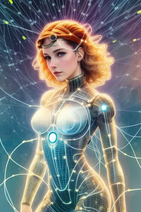 girl connected to a huge number of wires connected to a network, dynamic pose, she is like a puppet controlled from above, neural network, a luminous halo behind her head, frontal, in the style of Alphonse Mucha