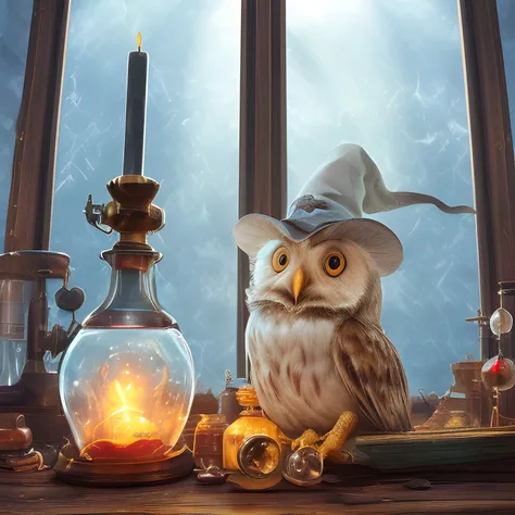 ((wizard owl)) on a (alchemist laboratory), wizard hat, old wood table, perspective shot, wide angle, (window rays), candle light, mystical, potions flasks, realistc, photo realistic, 4k wallpaper, detailed, ultra realistc,