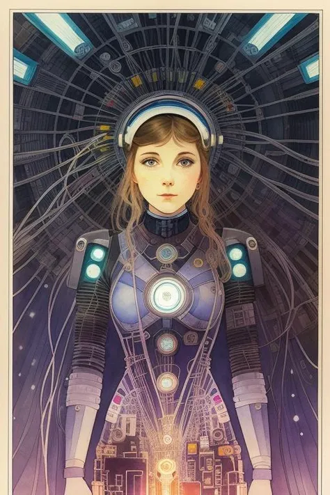 girl connected to a huge number of wires connected to a network, she is like a puppet controlled from above, a luminous halo behind her head, frontal, in the style of Alphonse Mucha