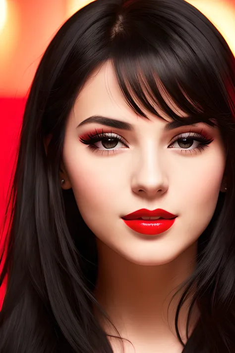 hot young woman with long glossy black hair, glossy red lipstick, soft lighting, 4k, award winning, masterpiece