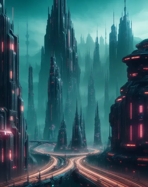 landscape, scifi, futuristic, utopian, machine, wires, circuits, highly detailed, octane render, cinematic, gothic, highly detailed and intricate, rich deep colors, intricate artwork masterpiece, ominous, matte painting , trending on cgsociety, intricate, epic, trending on artstation, production cinematic character render, ultra high quality model, 4k resolution, intricate artwork masterpiece,