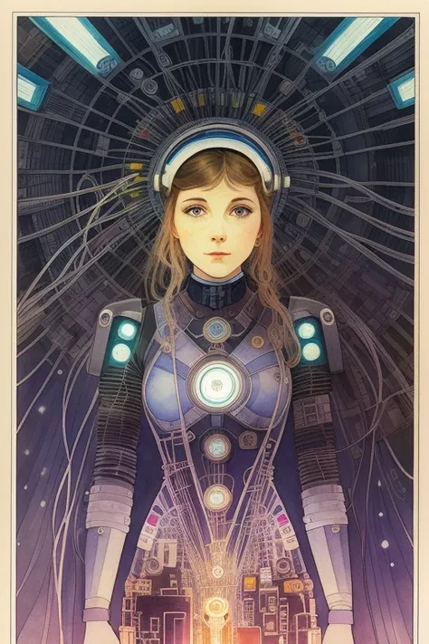 girl connected to a huge number of wires connected to a network, she is like a puppet controlled from above, a luminous halo behind her head, frontal, in the style of Alphonse Mucha