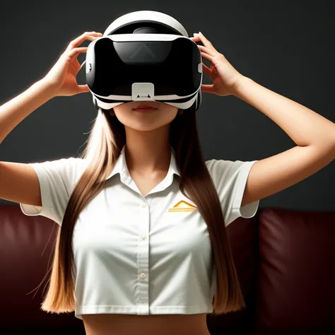 young beautiful girl plays in VR helmet, (HIGH DETAIL), shirt