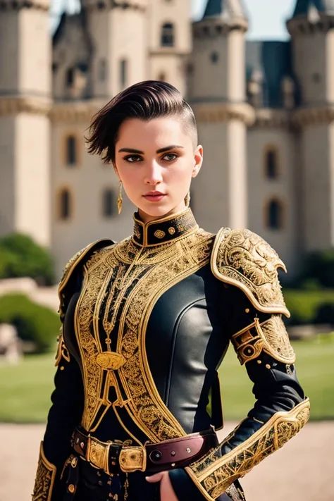 RAW, analog style, full body portrait of a young beautiful woman with striking features, undercut hair, (detailed face), wearing black armor with gold trim and ornate gold plate, (((fully clothed))), cinematography, crafted, elegant, magnificent, ((castle background)). ((Highly detailed skin, skin details, intricately detailed)), extremely hyper aesthetic, sharp focus, 8K, UHD, DSLR, high quality, film grain, Fujifilm XT3