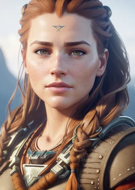 (Cinematic photo: 1. 3), Aloy (Horizon Zero Dawn) machine finder and hunter, ((full body)), freckles on cheeks and nose, (large breasts), emphasized big ass, cute face, deep realism, realistic hair, detailed skin, depth of field, on the background of the Tar Cliff, perfectly symmetrical face, realistic proportions, complex, abstract, directional look, cinematic composition, super detailed, realistic, hyper-realistic,volumetric lighting, high quality digital painting 8k, on trend for artstation, Style-RustMagic, (beautiful: 1. 4),(attractive: 1.3),beautiful, calendar pose.
