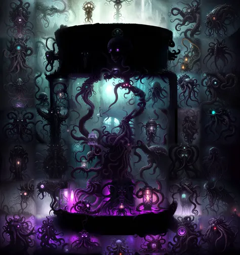 ancient cthulu octopus monster with 3 white-light orbs for eyes in a jar, tentacles sprawling in all directions, dark underwater space themed background. very dark and scary. hyper intricate details. volumetric lighting. streetwear style artwork. grunge. award winning stunning masterpiece. 8k. beautiful. gorgeous. only using the colors purple, red, white. narrow depth of field. hyperrealistic artwork style. scary horror metal music vibe. godrays, gorgeous, amazing, intricate, highly detailed, digital painting, artstation, concept art, sharp focus, illustration, art by greg rutkowski and alphonse mucha