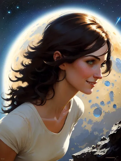 wite skin, (tomboy running on the moon in low gravity), big eyes, cheeky smile, medium chest, space, view of planet earth and orbital staton, coal black hair
beautiful face, (detailed skin, skin texture), (muscle), asteroids fall,
professional majestic oil painting by Ed Blinkey, Atey Ghailan, Studio Ghibli, by Jeremy Mann, Greg Manchess, Antonio Moro, trending on ArtStation, trending on CGSociety,
intricately detailed, fine details, hyperdetailed, raytracing, subsurface scattering, diffused soft lighting, shallow depth of field, by (Oliver Wetter)