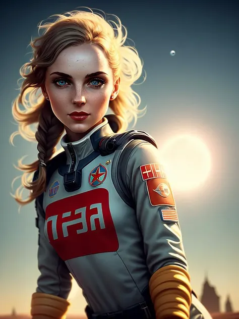 wite skin, (tomboy running on the moon in low gravity), big eyes, cheeky smile, medium chest, space, view of planet earth and orbital staton, pigtail
beautiful face, (detailed skin, skin texture), (muscle), burning asteroids fall, ((ussr communism style)),
intricately detailed, fine details, hyperdetailed, raytracing, subsurface scattering, diffused soft lighting, shallow depth of field, by (Oliver Wetter)