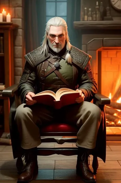 geralt of rivia witcher, chubby, over 150 years old, wearing glasses, sitting in a rocking chair, by the fireplace, in a robe, with a book in hands, brooding look