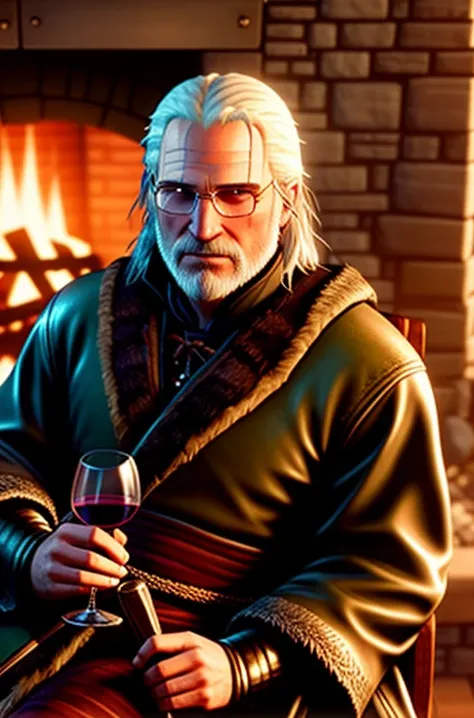 chubby geralt of rivia witcher, Over 100 years old, wearing glasses, sitting in a rocking chair, by the fireplace, in a robe, with a glass of wine in hand, brooding look