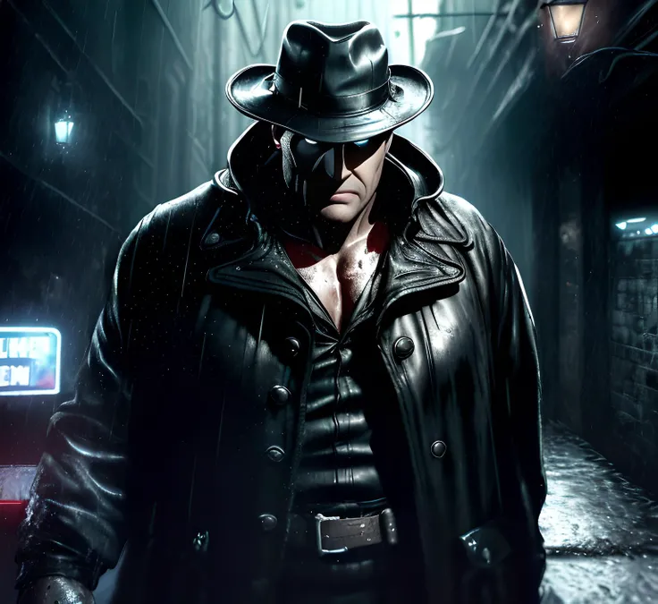 portrait of a big man, wet, raining, black cloak wearing, black classic hat wearing, very seriously rude face, (wrinkled rough face:1.2), big pumped-up man, pronounced masculinity feature, (night lights:1.3), in a dark alley 4k, 8k, detailed skin, fantastic art, trending on resident evil art station, (resident evil concept art:1.3), resident evil lights