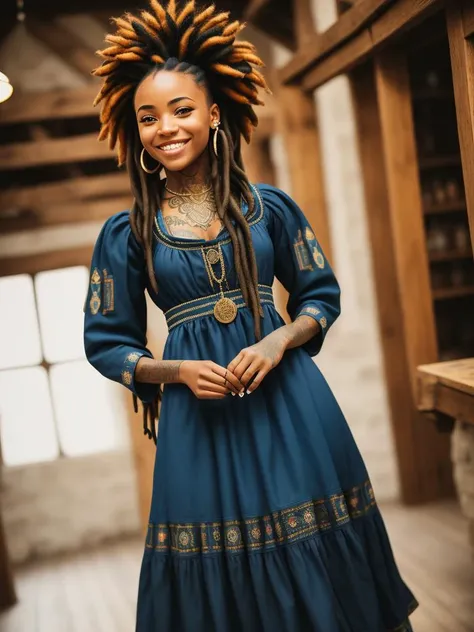 a portrait photo of a black girl, smiling, tattoo, blue dreads, ((((folk dress)))), Ukrainian dress, pronounced feminine feature, insane details, intricate details, hyperdetailed, complex background, medieval tavern, indoor