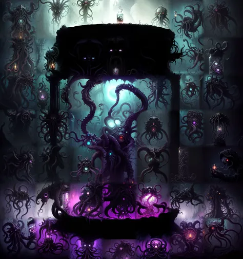 ancient cthulu octopus monster with 3 white-light orbs for eyes in a jar, tentacles sprawling in all directions, dark underwater space themed background. very dark and scary. hyper intricate details. volumetric lighting. streetwear style artwork. grunge. award winning stunning masterpiece. 8k. beautiful. gorgeous. only using the colors purple, red, white. narrow depth of field. hyperrealistic artwork style. scary horror metal music vibe. godrays, gorgeous, amazing, intricate, highly detailed, digital painting, artstation, concept art, sharp focus, illustration, art by greg rutkowski and alphonse mucha
