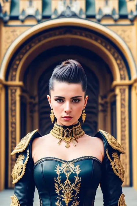 RAW, analog style, full body portrait of a young beautiful woman with striking features, undercut hair, (detailed face), wearing black armor with gold trim and ornate gold plate, (((fully clothed))), cinematography, crafted, elegant, magnificent, ((castle background)). ((Highly detailed skin, skin details, intricately detailed)), extremely hyper aesthetic, sharp focus, 8K, UHD, DSLR, high quality, film grain, Fujifilm XT3