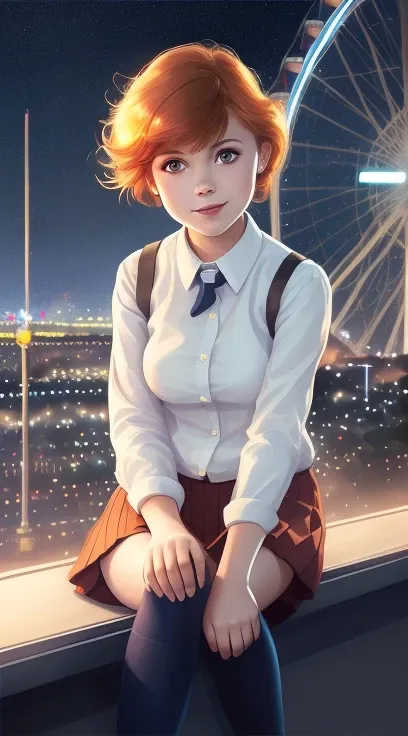 teenage girl, little smile, ginger hair, short hair, sitting, hair in the wind, disheveled hair, school uniform, Ferris wheel in background, close to the camera ,intricate, elegant, (glowing lights:1.1), night,highly detailed, digital painting, artstation, concept art, (epic realistic:1.1), smooth, sharp focus, illustration, greg rutkowski