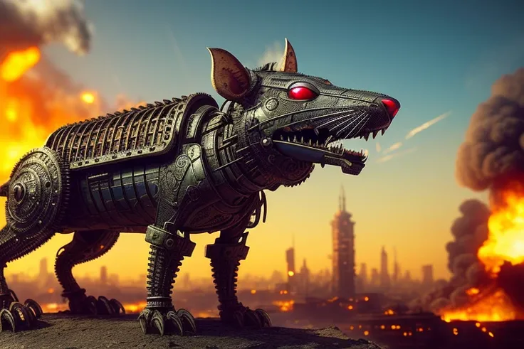nasty toothy rat, made out of metal, cyborg, against the backdrop of a burning, ruined city, ((intricate details)), hdr, ((intricate details, hyperdetailed)), cinematic shot, vignette, in motion