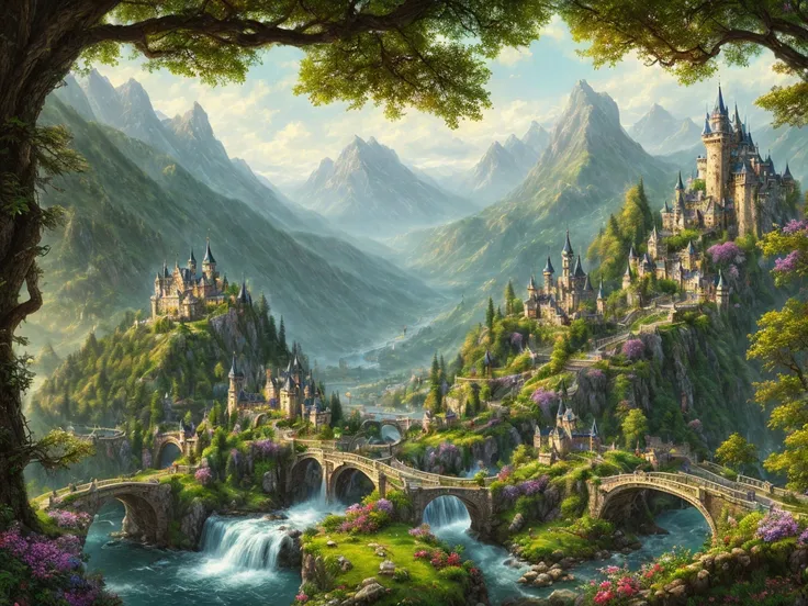 8k, high quality, high detail, lots of details, a fantasy castle, a waterfall and a bridge in the middle of it, surrounded by trees and mountains, kinkade, a detailed matte painting, fantasy art