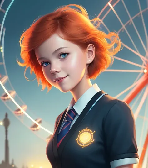 teenage girl, little smile, ginger hair, short hair, windblown hair, disheveled hair, school uniform, Ferris wheel in background, close to the camera ,intricate, elegant, (glowing lights:1.1), night,highly detailed, digital painting, artstation, concept art, (epic realistic:1.1), smooth, sharp focus, illustration, greg rutkowski