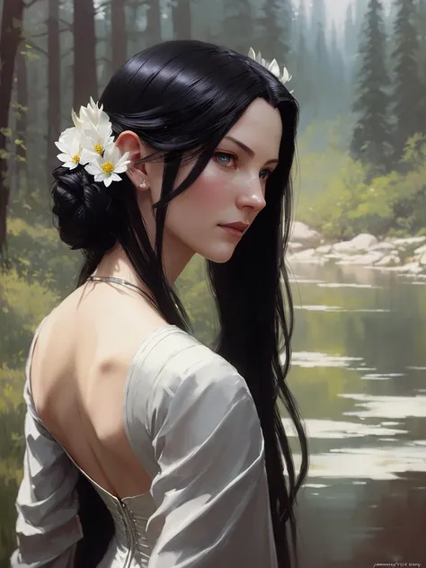 white skin, Liv Tyler as Arwen, ((looking at his reflection in the river)), back view, sequoia forest, portrait, elf ear, ((cartoon style)), ((lord of the rings)), silver tiara, (elegant beautiful face), (violet silk elven dress), ((long black hair)), (detailed skin, skin texture), elf, magical atmosphere, (muscle),
intricately detailed, fine details, hyperdetailed, raytracing,
Atey Ghailan, by Jeremy Mann, Greg Manchess, Antonio Moro, trending on ArtStation, trending on CGSociety, Intricate, High Detail, Sharp focus, dramatic, photorealistic painting art by midjourney and greg rutkowski, bokeh on background
