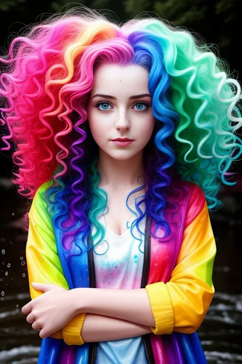 a woman with colorful hair standing in a stream of water, the curls are smeared with paint of different colors rainbow, a cute and beautiful young woman, hyper real photo, she is wearing a wet coat, beautiful young catgirl, dripping technique, discord pfp, 10 bit colour, neatly coming out of her head, spray, hdr, 8k