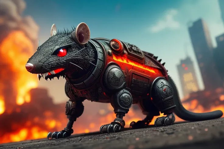 nasty toothy rat, with red eyes, made out of metal, cyborg, against the backdrop of a burning, ruined city, ((intricate details)), hdr, ((intricate details, hyperdetailed)), cinematic shot, vignette, in motion
