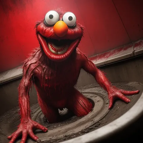 Realistic Elmo in the sewers, creepy, mutated, bloody, laughing, photorealistic, high quality