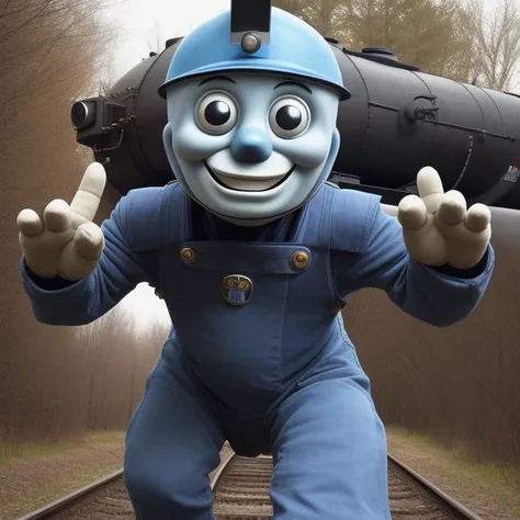 Anthropomorphic Thomas the Tank Engine, creepy, mutated, arms in the air, photorealstic, alive