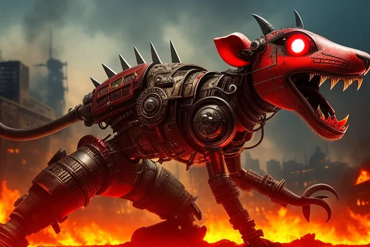nasty toothy rat, with red eyes, made out of metal, cyborg, against the backdrop of a burning, ruined city, ((intricate details)), hdr, ((intricate details, hyperdetailed)), cinematic shot, vignette, in motion