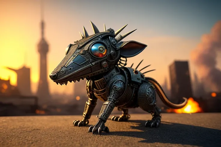nasty toothy rat, made out of metal, cyborg, against the backdrop of a burning, ruined city, ((intricate details)), hdr, ((intricate details, hyperdetailed)), cinematic shot, vignette, in motion